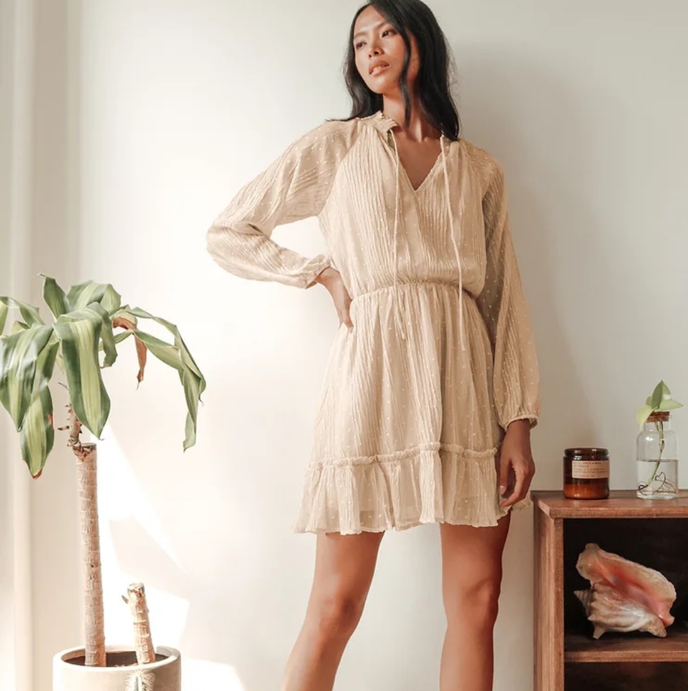 New Lulu's No Ordinary Love Cream Swiss Dot Long Sleeve Mini Dress XS